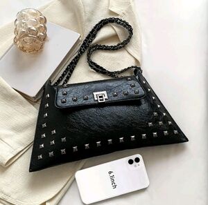 Black Studded Chain-Handle Shoulder Bag